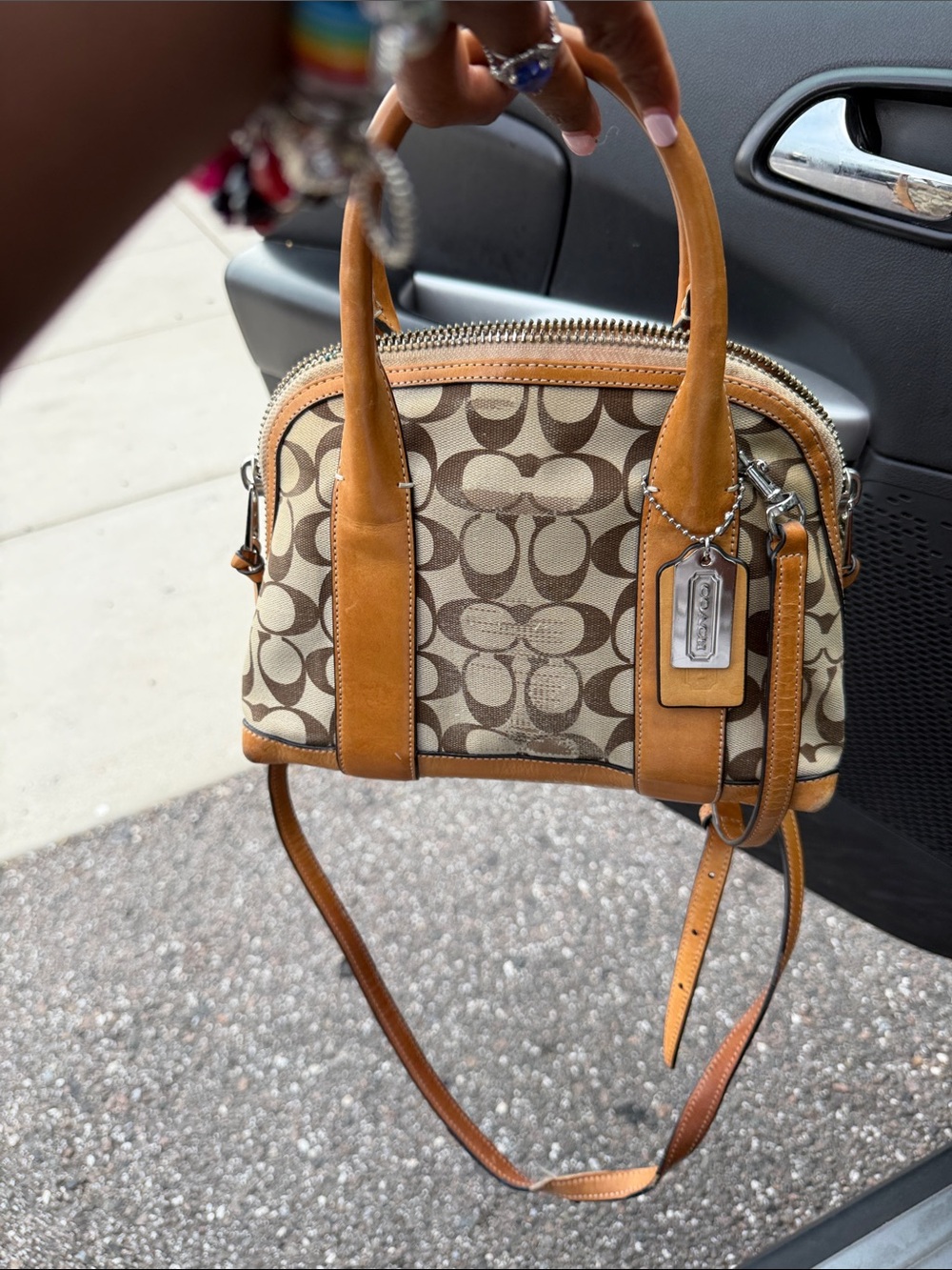 Coach Brown Logo Canvas Satchel with Tan Leather Trim
